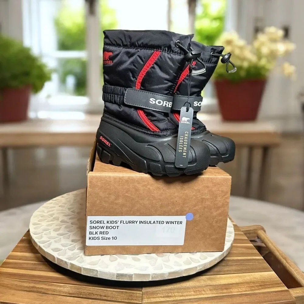 Sorel Kids Flurry Insulated Winter Snow Boots Black Red Size 10 US (27 EU) Water